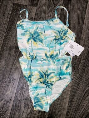 Old Navy Kids Palm Print One-Piece Swimsuit - Aqua, Yellow, White
